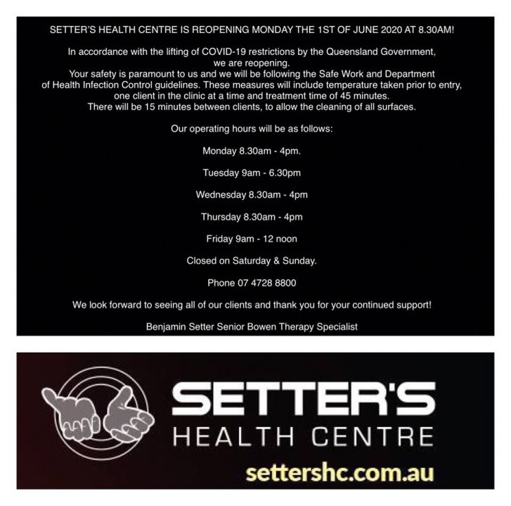 Setter’s Health Centre COVID-19 REOPENING 1ST OF JUNE 2020.